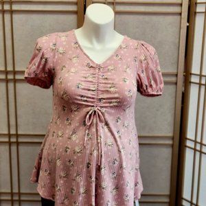 Pink Maternity Floral Pattern Front Ruched Top